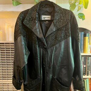 Vintage black leather jacket with flower details